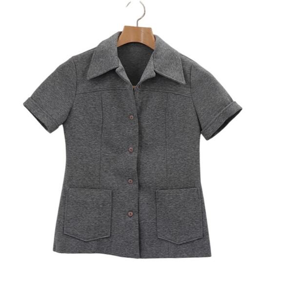 Vintage 1970s Grey Long Short sleeve Button Down Blouse - Picture 1 of 9